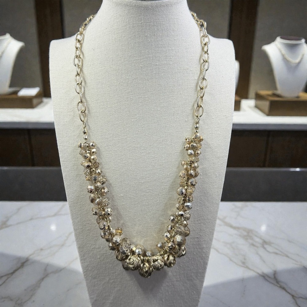 Silver Bronze Gold Tone Faceted Crystal Beaded Statement Necklace 25" Glam